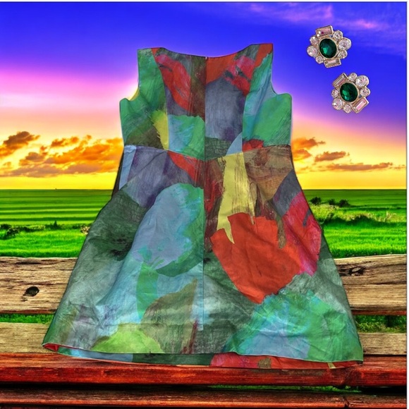 Milly Dress POPPY  Red Green Blue Silk Blend Sheath - Picture 1 of 4